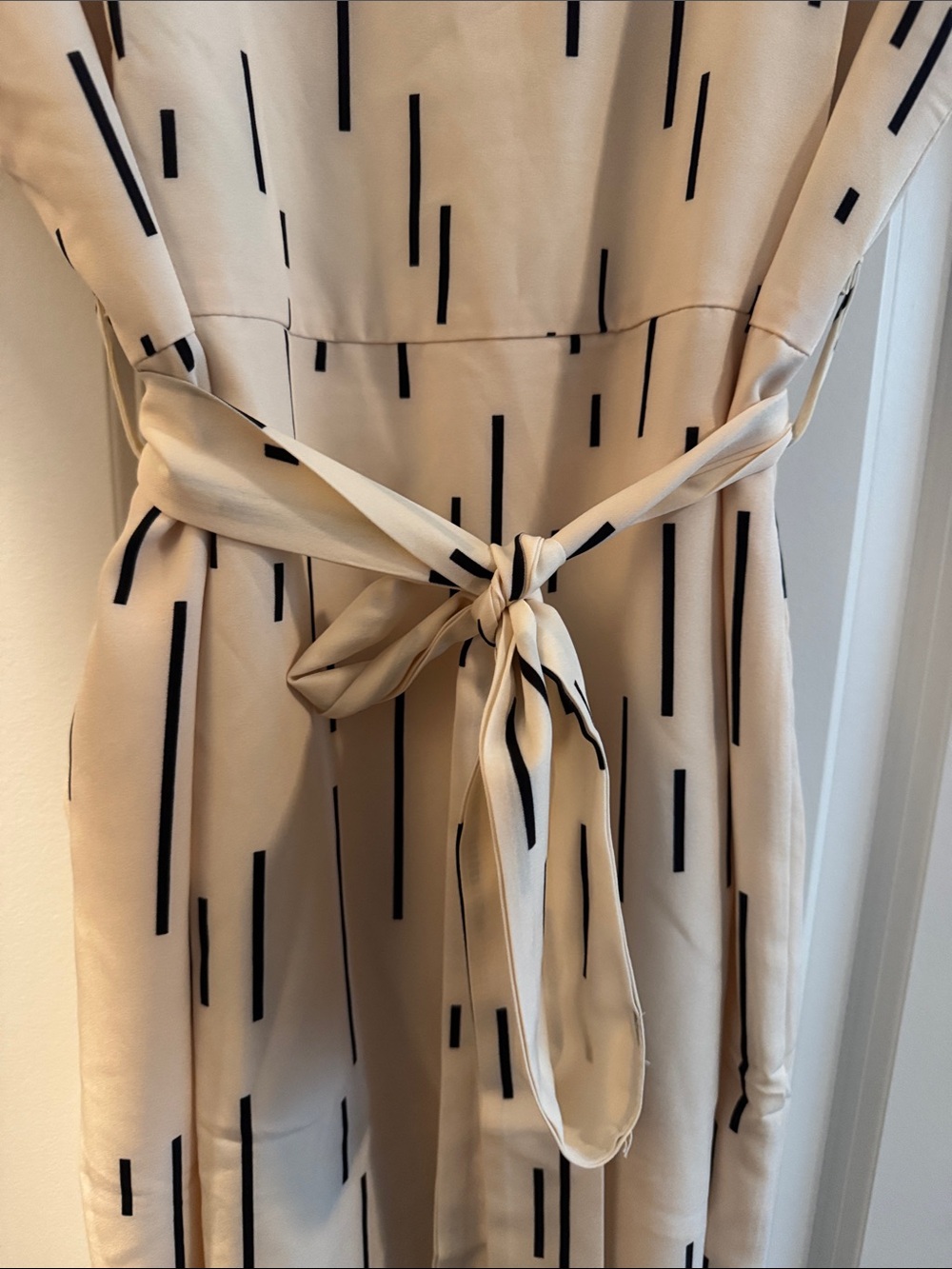 Beige Printed Midi Dress with Tie Waist - Picture 2 of 6